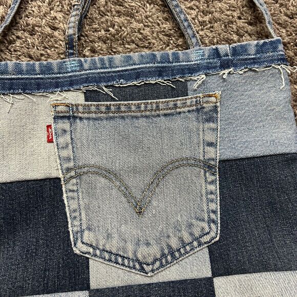 Handmade Denim Mini Bag Patchwork Tote Bag Vintage Jeans Faded Blue 3x10x12 - Picture 3 of 12